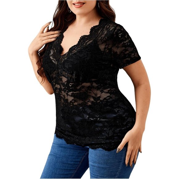 Women's Plus Size Short Sleeve Floral Lace Blouse Mesh V Neck Casual Top - Picture 3 of 5